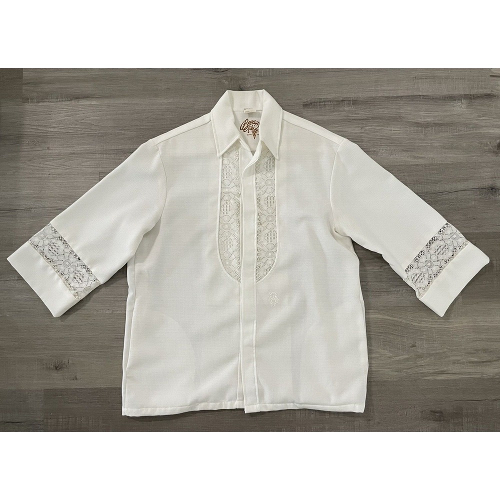 Iolani Beau Tiki Hawaiian Wedding Aloha Shirt White Polyester White Lace Men's L